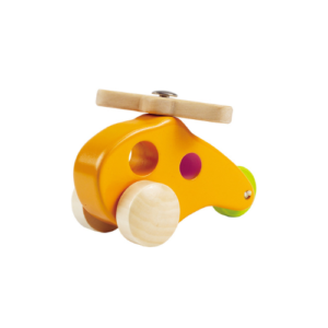gele houten helikopter - geel - oranje - hout - helikopter - speelgoed - houten speelgoed - dn houten tol - de mouthoeve - boekel - hape - baby - peuter