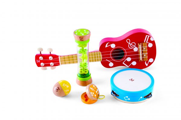 mini band set - ukelele - gitaar - castangette - rammelaar - tamboerijn - muziek - instrumenten - hout - kunststof - dn houten tol - de mouthoeve - boekel - winkel - peuter - kleuter - hape