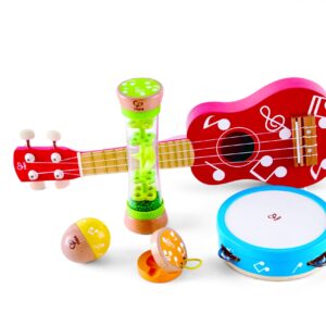 mini band set - ukelele - gitaar - castangette - rammelaar - tamboerijn - muziek - instrumenten - hout - kunststof - dn houten tol - de mouthoeve - boekel - winkel - peuter - kleuter - hape