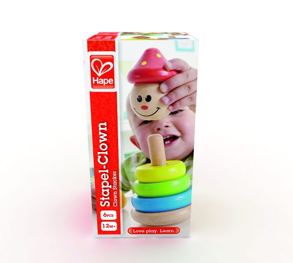 Clown stapelaar - clown - hout - ringen - kleuren - speelgoed - houten speelgoed - dn houten tol - de mouthoeve - boekel - baby - peuter - winkel - hape