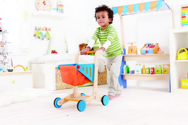 winkelwagentje - shopping cart - hape - E3123 - speelgoed - houten speelgoed - dn houten tol - de mouthoeve - boekel - winkel - stof - hout - child