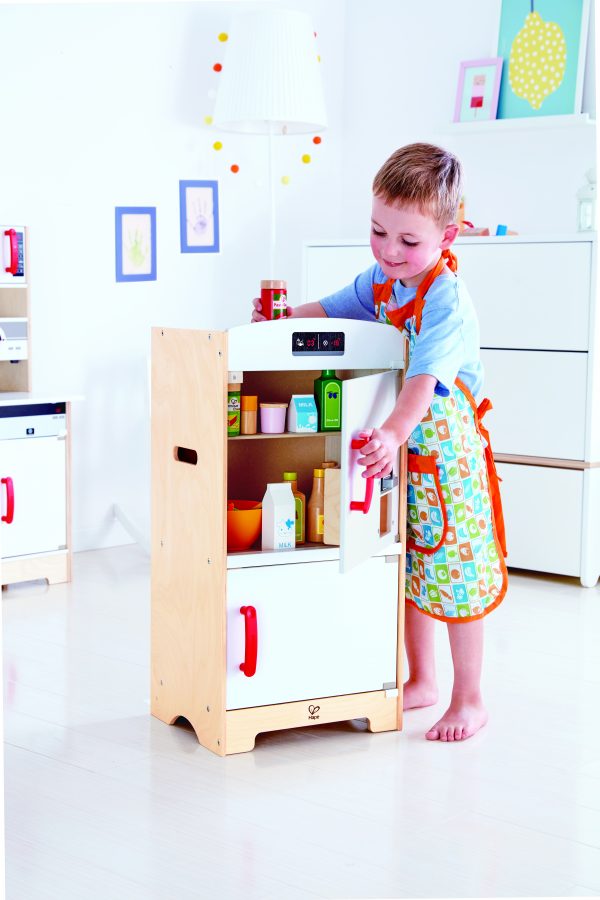 koelkast - Witte koelkast met vriesvak - white fridge freezer - hape - E3153 - speelgoed - houten speelgoed - peuter - kleuter - vanaf 3 jaar - keukentje - dn houten tol - de mouthoeve - boekel - winkel