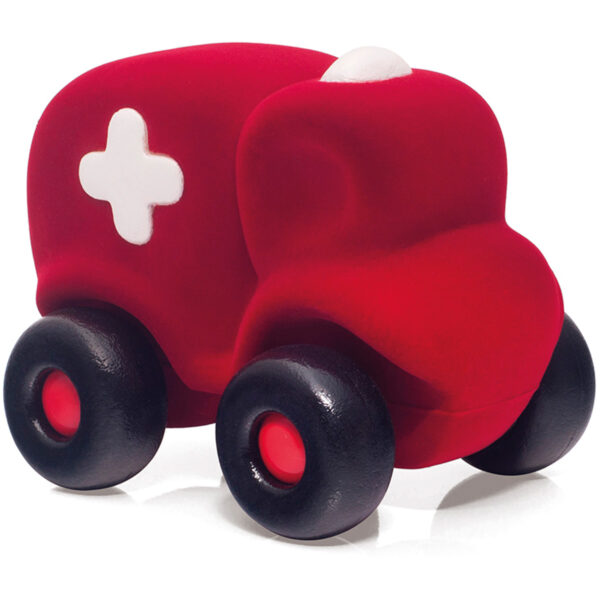 rubbabu - voertuig - baby speelgoed - rubber speelgoed - 100% natuurlijk - speelgoed - houten speelgoed - dn houten tol - de mouthoeve - boekel - shop stil speelgoed - racewagen - rood - speelgoed - zacht speelgoed - auto - ambulance - rode ambulance