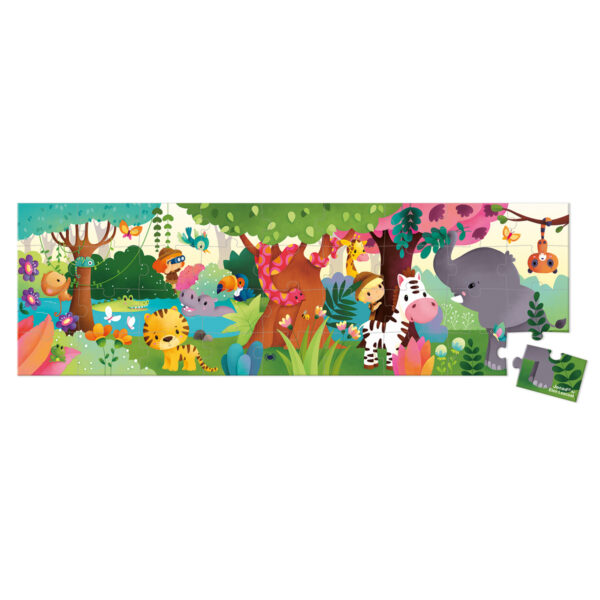 puzzel - puzzel jungle - Janod Puzzel - Panorama jungle - janod - dieren puzzel - bos puzzel - dieren in de jungle - speelgoed - houten speelgoed - educatief speelgoed - dn houten tol - de mouthoeve - boekel - puzzel in koffer