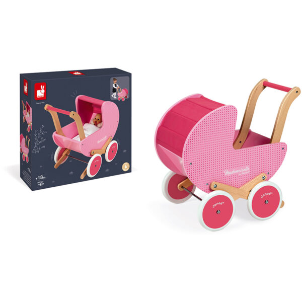 Janod Mademoiselle - Poppenwagen - houten poppenwagen - roze poppenwagen - janod - speelgoed - houten speelgoed - educatief speelgoed - dn houten tol - de mouthoeve - boekel - speelgoedwinkel boekel - shop