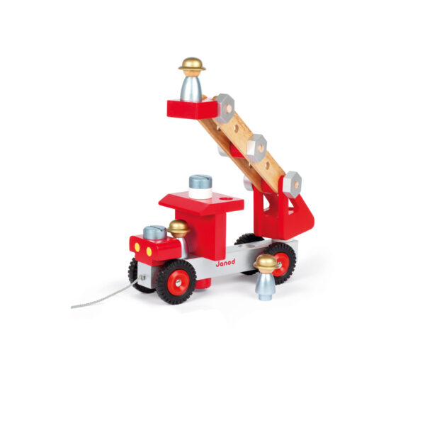brandweerauto - houten brandweerauto - rode brandweerauto - trekfiguur - trekauto - brandweerauto met hoogwerker - janod - speelgoed - houten speelgoed - educatief speelgoed - dn houten tol - de mouthoeve - boekel - speelgoedwinkel boekel - shop