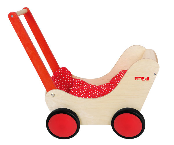 poppenwagen - houten poppenwagen - rode accenten - simply - rubber wielen - houten speelgoed - dn houten tol - speelgoedwinkel - de mouthoeve - 588552 - poppenmoeder - webshop