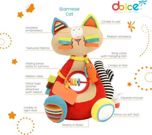 dolce toys kat - klein - verjaardag - kraamcadeautje - origineel - baby - knuffel - educatief - duurzaam - activiteitenknuffel - spiegeltje - baby aap - dreumes - toys - dolce - dn houten tol - de mouthoeve - boekel - houten speelgoed - speelgoedwinkel - webshop