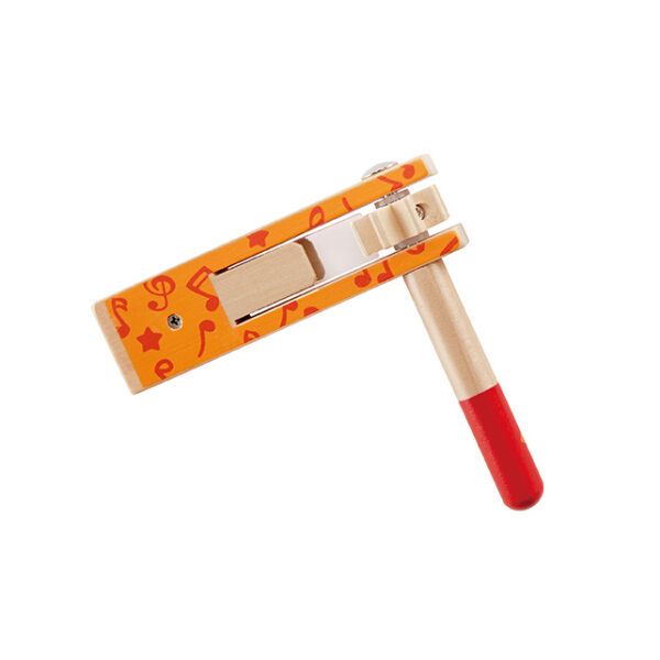 ratel - muziek - instrument - blauw - geel - oranje - hape - houten speelgoed - duurzaam - educatief - motoriek - kleuter - peuter - dn houten tol - de mouthoeve - boekel - speelgoedwinkel