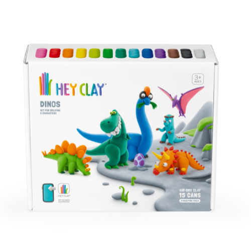 HeyClay – Dinos – 15 cans - 15 potjes - dino's - kleien - app - kleurrijk - knutselen - kinderklei - foam - speelgoedwinkel - dn houten tol - gemert - kinderen - trendy - verantwoord - webshop - koop online - koop ook online lokaal - duurzaam - educatief - motoriek - speelgoed